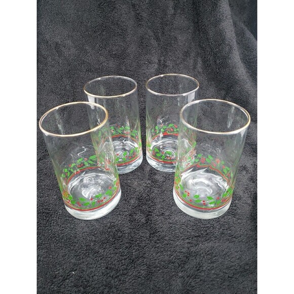 Arby's Holly Berry Tumbler Glasses VTG Christmas 1984 Heavy Weight Base Gold Rim - Picture 1 of 11
